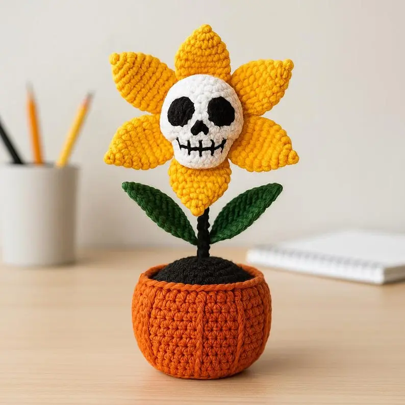 Handmade Crochet Halloween Creepy Plant Decoration - Yellow Skull Flower in Orange Pot, Unique Halloween Gift for Any Occasion