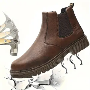 Men's steel-toe sports non-slip work shoes, high-top leather safety boots, have protective functions like anti-smashing and anti-piercing. They are footwear products Boy Closed Worker Brown Creeper Weight
