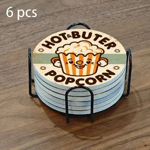 6-piece ceramic coaster set, featuring a retro-style cute popcorn brand logo design. Heat-resistant, non-slip coasters with holders, perfect for home, dining, and as beverage mats.