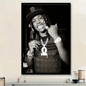 2D Flat, Single Piece King Von Rapper 2D Canvas Wall Art - Unframed Commemorative Poster Featuring an Iconic Pose And Signature, in Black And White, Perfect for Bedroom, Living Room, Or Hallway Decoration