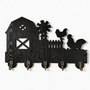 Rustic Wall-Mounted Hat Rack, Wooden Vintage Key Holder, Durable Storage Hook, Farmhouse Windmill Design, Key Organizer with 5 Alloy Hooks