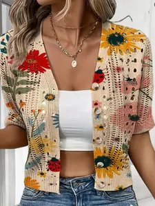 Spring Summer V Neck Elegant Floral Print Knit Short Sleeve Cardigan, Bohemian Style, Casual Outerwear, Loose Fit, Women's Fashion