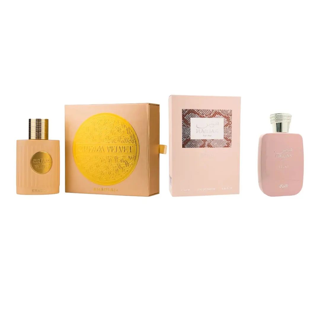 KHADLAJ Elegant Floral EDP Multi-Pack, Cream Velvet + Hawas Eclat Unisex Fragrances, 100 ml-3.4 fl oz, Caramel-Rose-Vanilla Notes, Ideal for Evenings