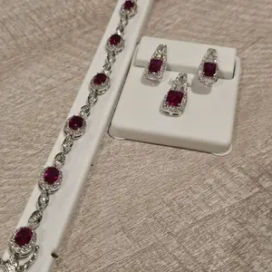 925 Sterling Silver Ruby And White Sapphire Dangle/Drop Earring + Bracelet (Set)