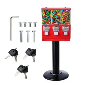 VEVOR Commercial Vending Machine,  Triple Compartment Candy Dispenser with Iron Stand, Gumball and Candy Machine for Business, Coin Operated Gumball Bank for Toy Capsules Bouncy Balls Candy Nut, Red