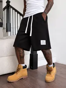 Men’s heavyweight street-style shorts with a loose fit; athletic shorts featuring aesthetic letter patches; high-quality loose-fit drawstring shorts (length 5 inches); high-street fashion casual cargo shorts suitable for gym, running, and everyday wear—tr