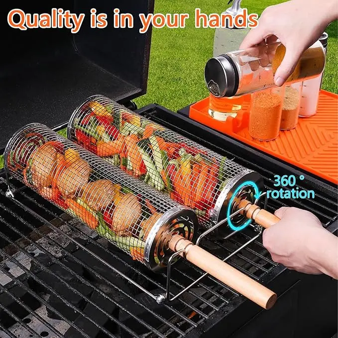 2-Pack Rolling BBQ Grill Basket, 304 Stainless Steel Rotating Grill Basket for Vegetables, Shrimp, Fish & Meat, Outdoor BBQ Camping Accessories