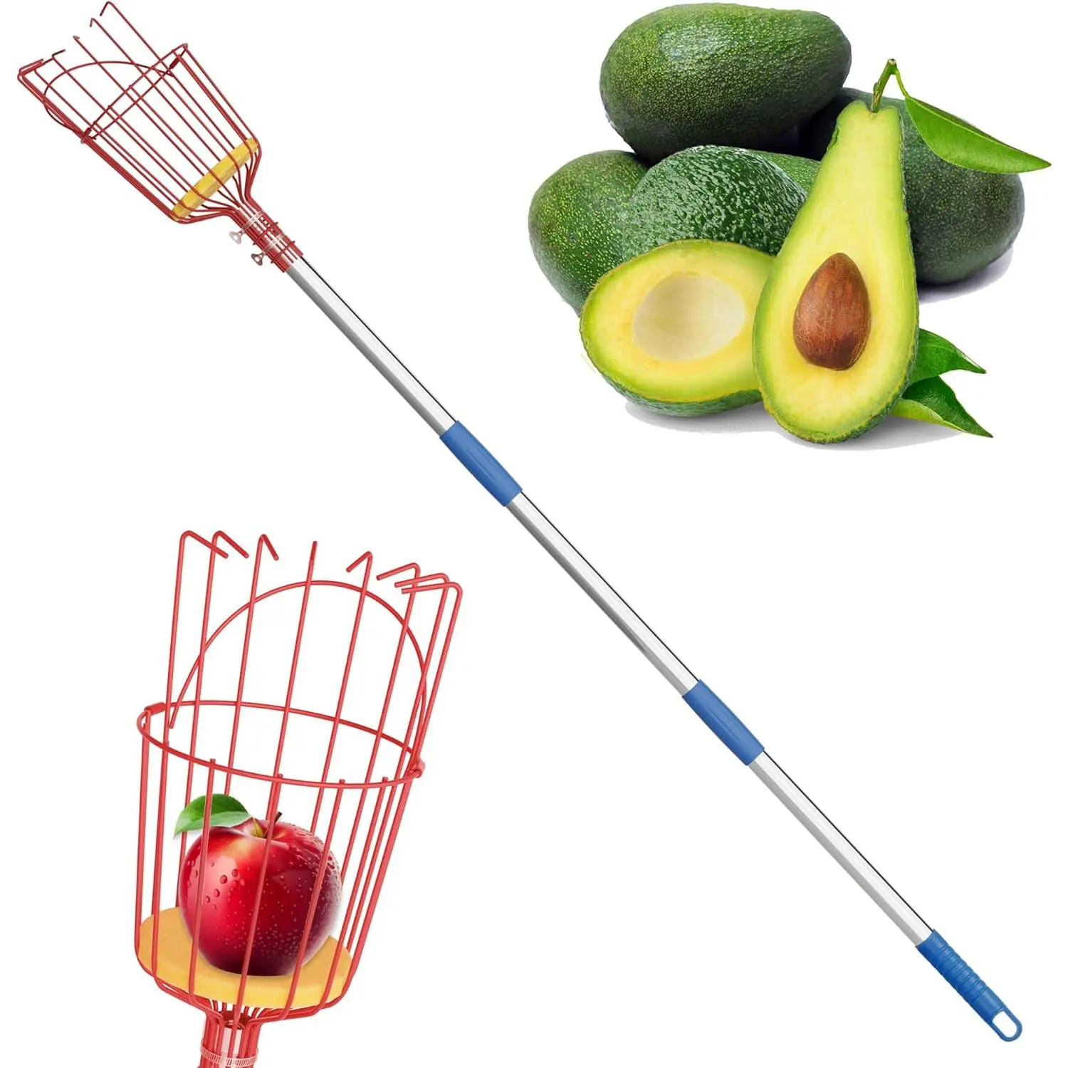 Fruit Picker, 8 ft Long Fruit Picker Pole with Basket Telescoping, Apple Fruit Tree Picker with Pole Extendable, Fruit Grabber & Cather with Stainless Steel Pole for Mango, Orange, Fig, Lemon survival shovel