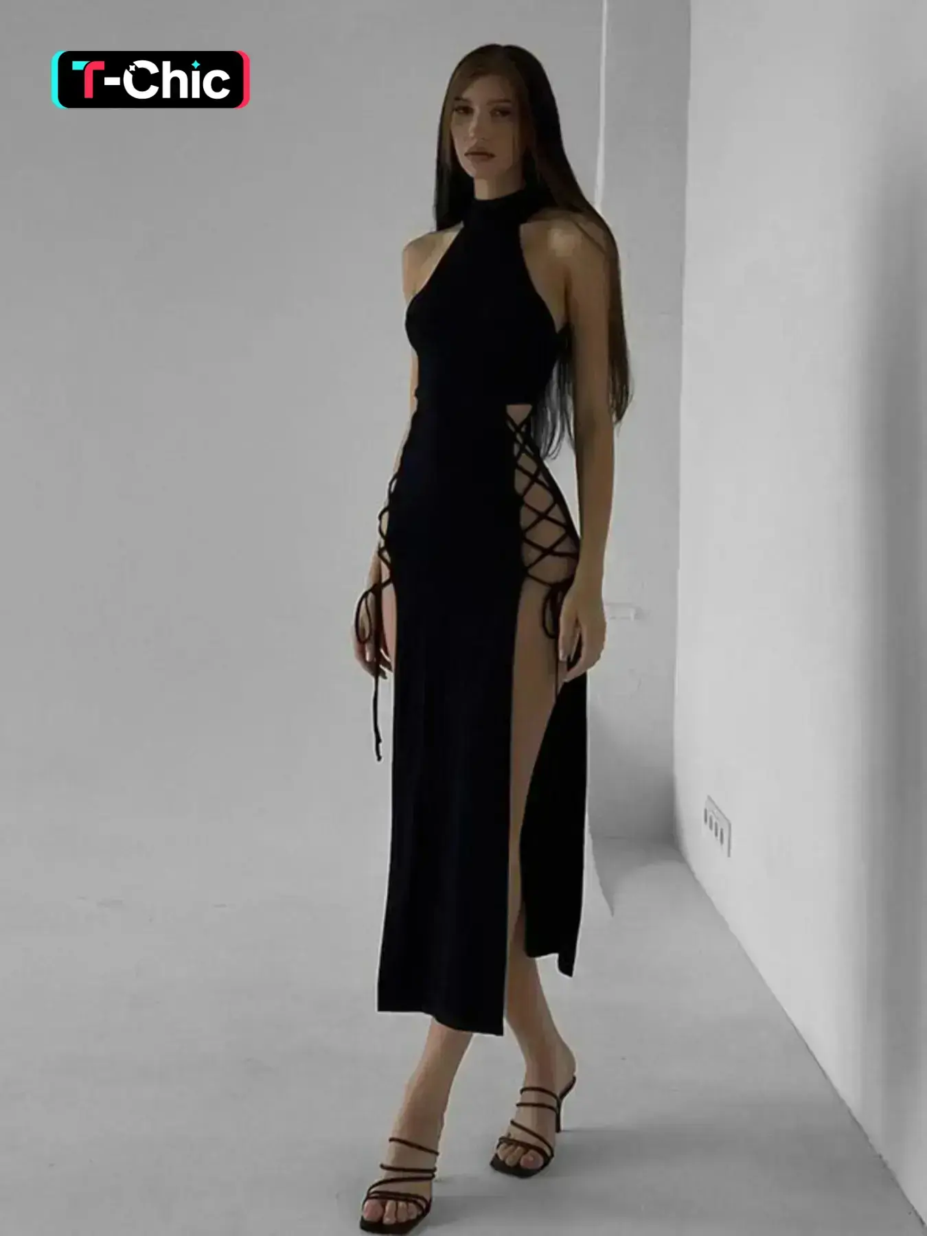 Women's Solid Lace Up Split Thigh Halter Neck Sleeveless Tank Jersey Knitting Polyester Dress, Dresses for Women, Summer Dresses, Formal Evening Dresses, Formal Long Dress for Party Club Dating Wear, Cutout Halter Dress, Womenswear