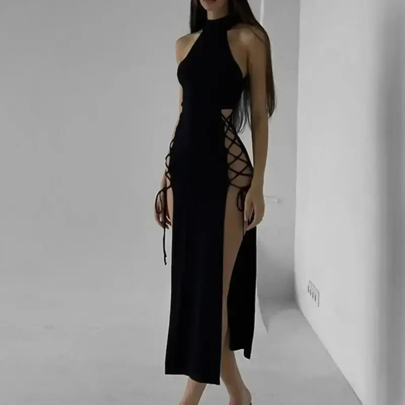 Women's Solid Lace Up Split Thigh Halter Neck Sleeveless Tank Jersey Knitting Polyester Dress, Dresses for Women, Summer Dresses, Classy Dresses, Formal Long Dress for Party Club Dating Wear, Cutout Halter Dress, Womenswear