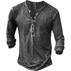 Mens Distressed Henley Shirts Vintage Long Sleeve Shirts Casual Button Down V Neck T Shirts for Men