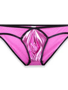 New Motorcycle Nightclub Style Glossy Leather Mesh Patch Gold Embossed Breathable Mesh Holes Cool Personality Sports Sexy Low Waist Underwear