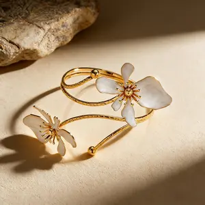 Gold Plated Floral Arm Cuff | Enamel Flower Design | Boho Trendy Arm Jewelry | Perfect Birthday Gift for Her