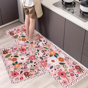 [Romantic Floral Mat] 1pc Soft Polyester Floral Flannel Kitchen Mat Set |   Romantic Pink Floral Design, Fade-Resistant, Machine Washable, Ideal for Spring and Summer Outdoor Themes, Rugs for Home & Bathroom Decor, Living Room