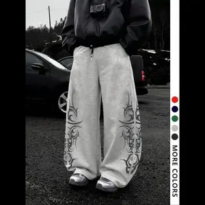 Men’s joggers with ethnic pattern and drawstring waist; casual loose-fit gothic-style sweatpants for all seasons; unisex daily wear; wide-leg sweatpants