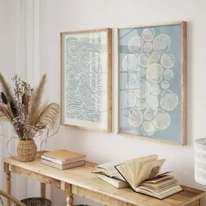 Modern Art Canvas Posters Set, 2pcs Wooden Framed Sky Blue Oyster Wave Lines Ocean Inspired Design Wall Decor, Bohemian Coastal Home Decoration