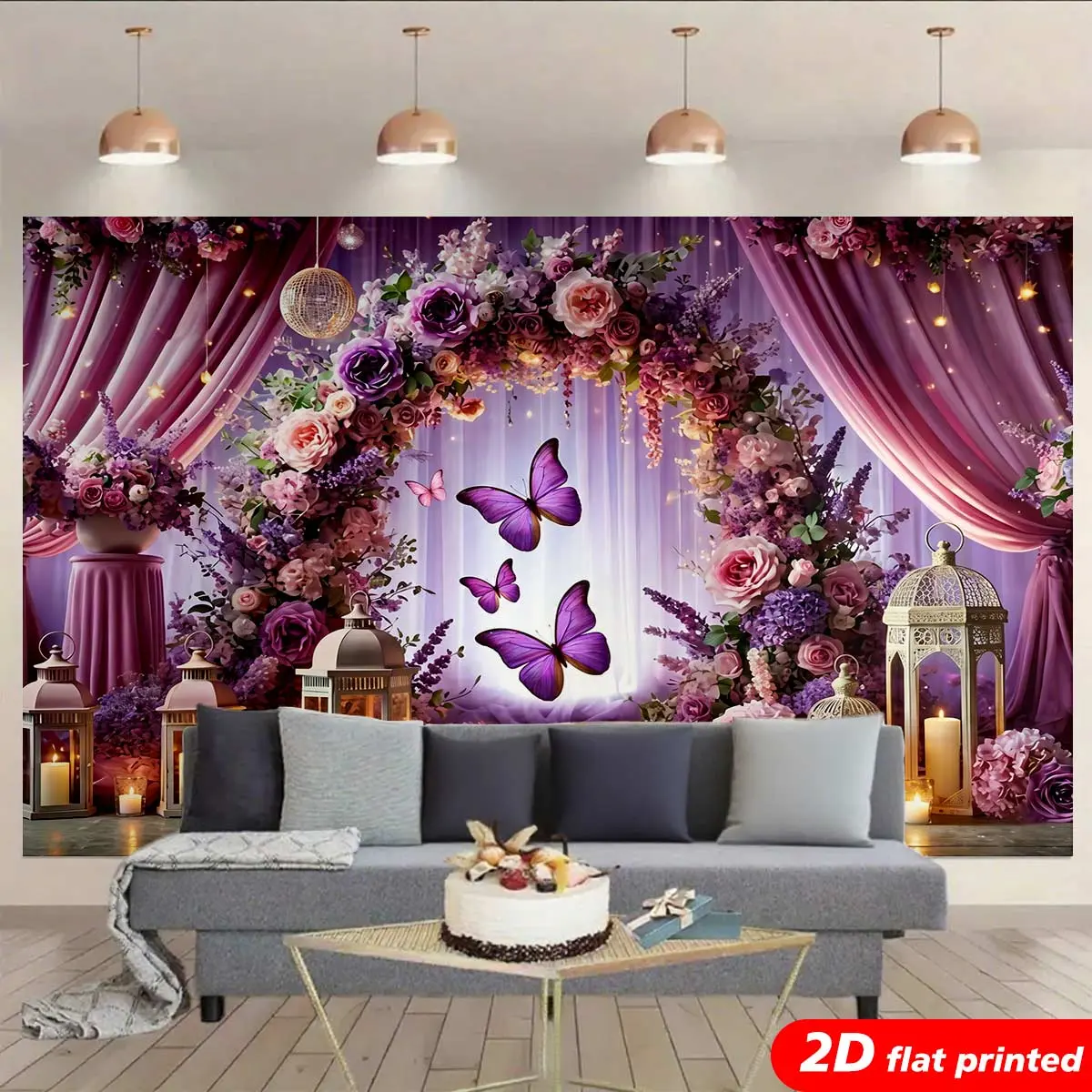 2D Flat Printed Magical Purple Rose Butterfly Polyester Tapestry Wall Hanging - Fantasy Aesthetic Wall Decor, Floral Arch & Lantern Design, Engagement/Anniversary Backdrop, Birthday Decor, Ideal Gift