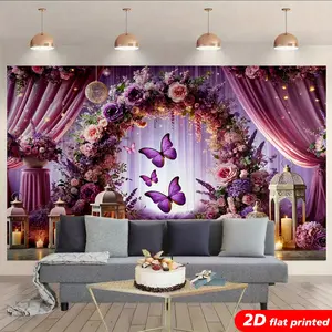 2D Flat Printed Magical Purple Rose Butterfly Tapestry Wall Hanging, Decorative Floral Arch Curtain with Lantern Design, Nature-Element Backdrop for Wedding Photo Booth, Romantic Home Decor
