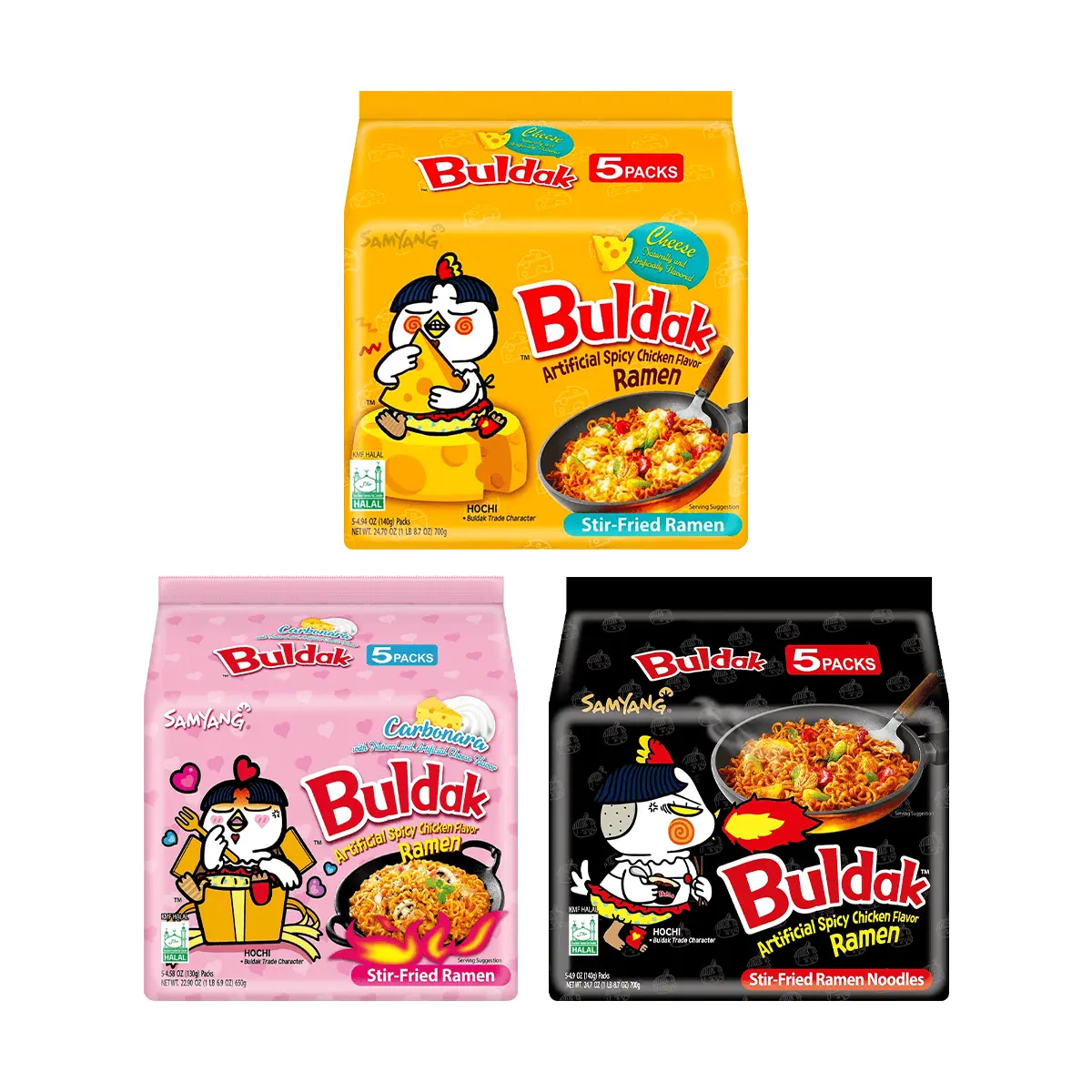 Samyang Buldak Ramen 15 Pack Variety Bundle - Spicy Chicken Noodles (Cheese, Creamy Cheese, Original Hot) - 2050g Value Pack