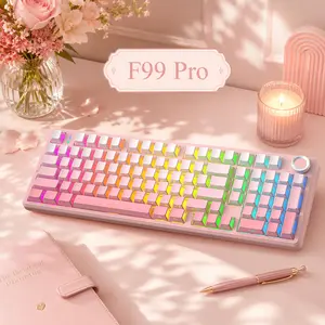 [New]AULA F99 Pro Gradient Pink Wireless Mechanical Keyboard, Cute Aesthetic Silent Keyboard for Cozy Desk Setup, Tri-Mode RGB Hot Swappable Gaming Keyboard with Knob for PC Mac