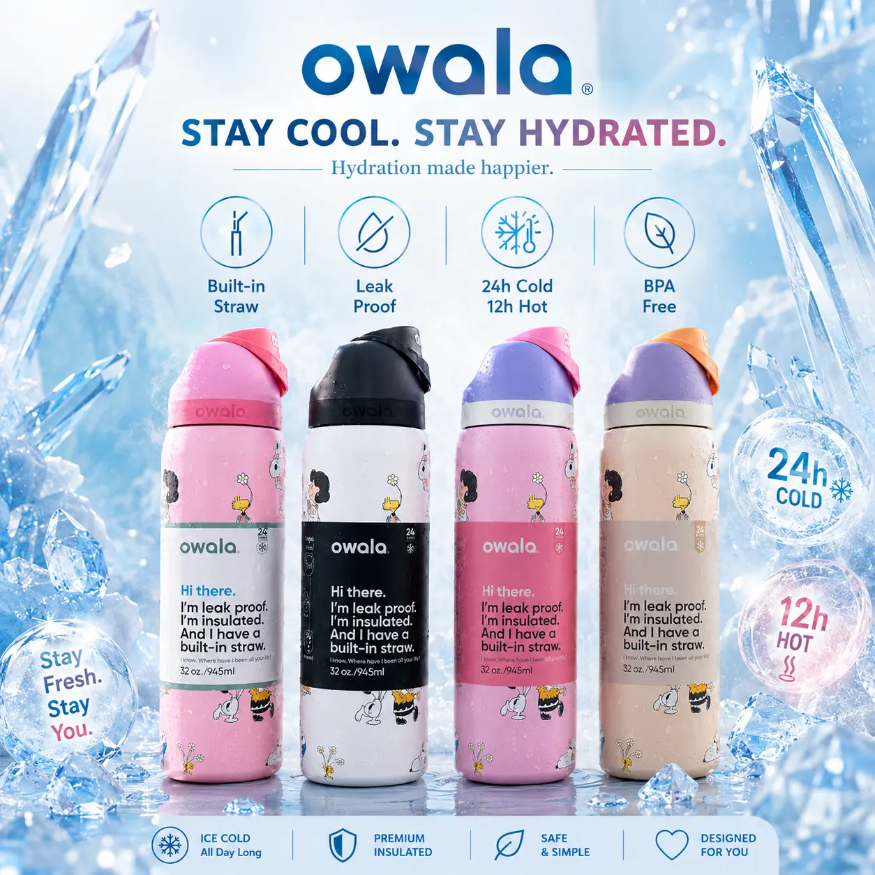FRESH - Owala FreeSip 32oz Water Bottle, Leakproof Built-in Straw, BPA Free Stainless Steel Cup, 24H Cold 12H Hot Travel Gym Bottle, Stay Cool #Owala