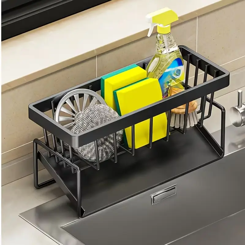Versatile Kitchen Sink Organizer with Towel Rack - Metal Sponge Holder, Dish Soap Caddy & Self-Draining Tray - Black And White, No-Drill Installation, Compact Storage, High-Quality Build, 1000 Home Choices, Kitchen Sink Additions, Sink Caddy