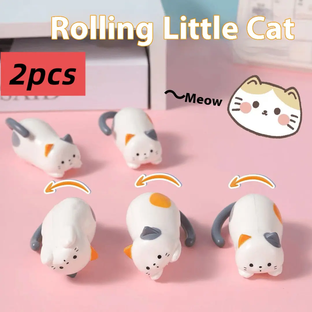 2 Wind-Up Tumbling Cat Animal Toys - Manual Tail-Twist Operation, No Battery Needed, Reliable Winding Mechanism, Sturdy PVC Construction, Portable Stress-Relief Kids' Educational Gift