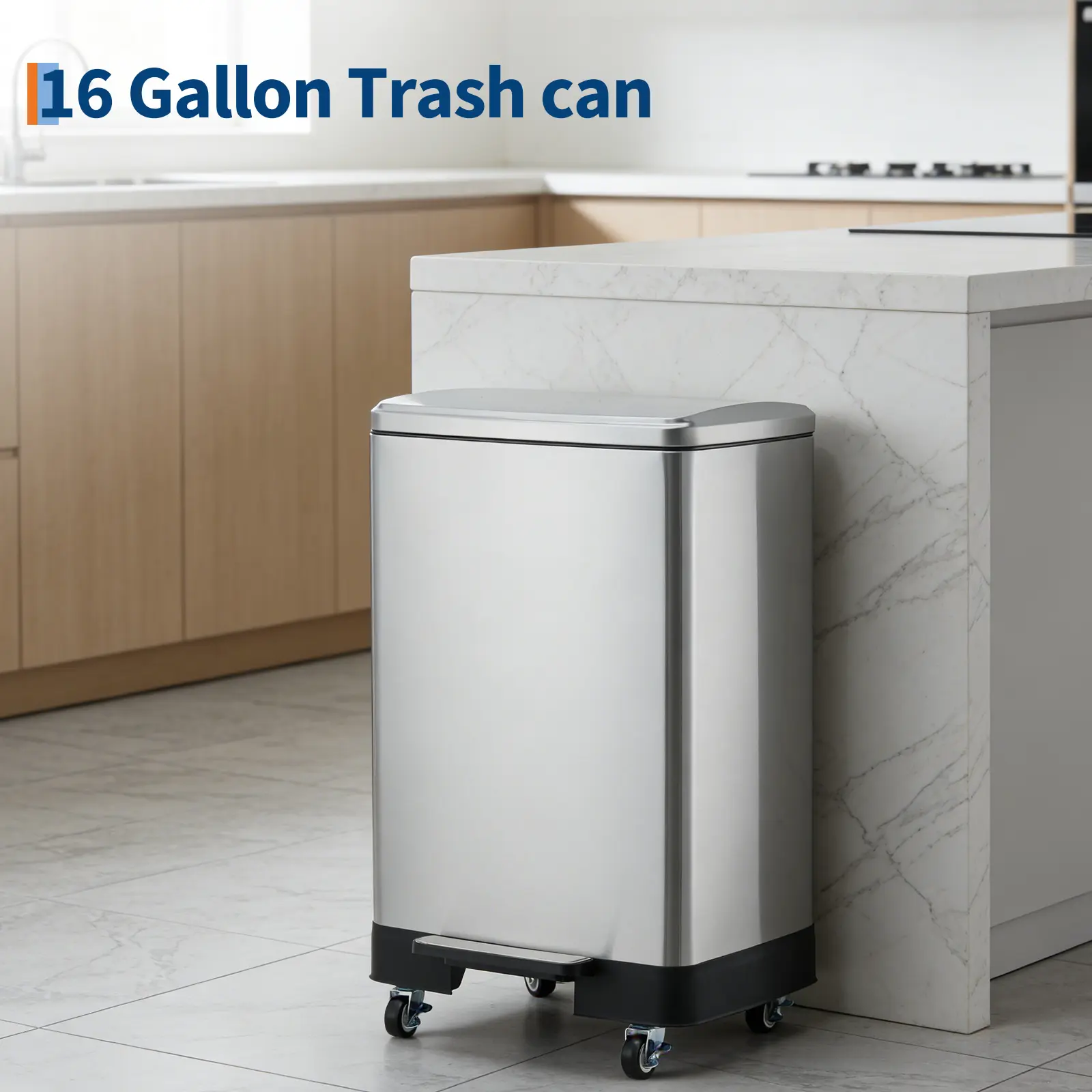 【GARVEE】60L/16 Gallon Stainless Steel Kitchen Trash Can, Step-On Pedal, Soft-Close Lid, Removable Inner Bucket, Rustproof & Fingerprint Resistant with Mobility Wheels for Home & Office