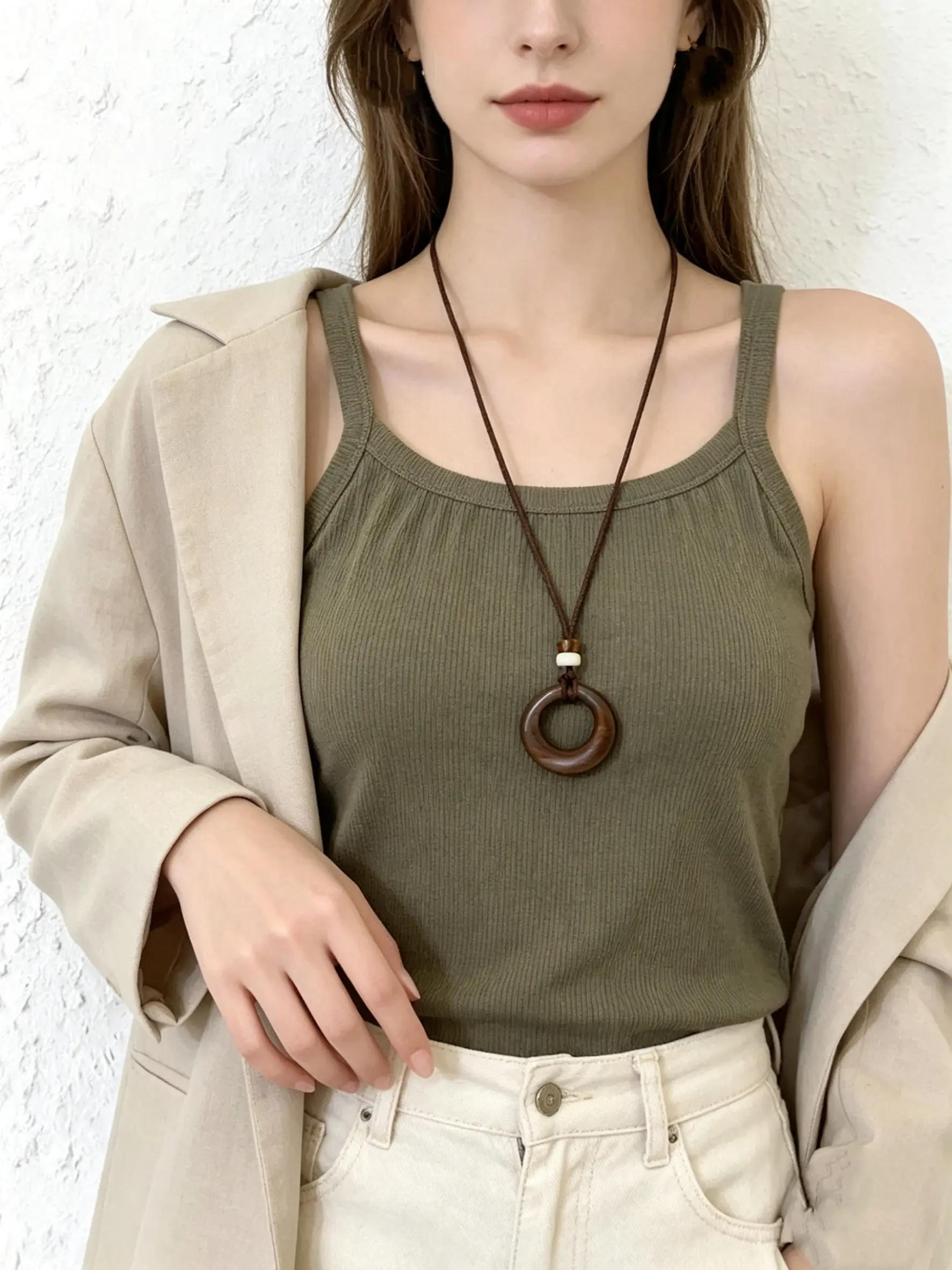 Wood Donut Circle Pendant Sweater Necklace for Men Women, Adjustable Brown Cord Long Vintage Boho Necklace, Chinese Zen Style Jewelry for Fall Winter Daily Gift for Her Him