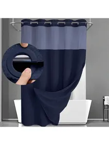 1PC Waffle Double Woven Shower Curtain, No Hook, Clear Top Window Hookless Shower Curtain With Snap Lined Waffle Shower Curtain Hotel Style Double Layer Machine Washable And Easy To Clean Bathroom Partition 72" X 75". Hanging Navy Blue