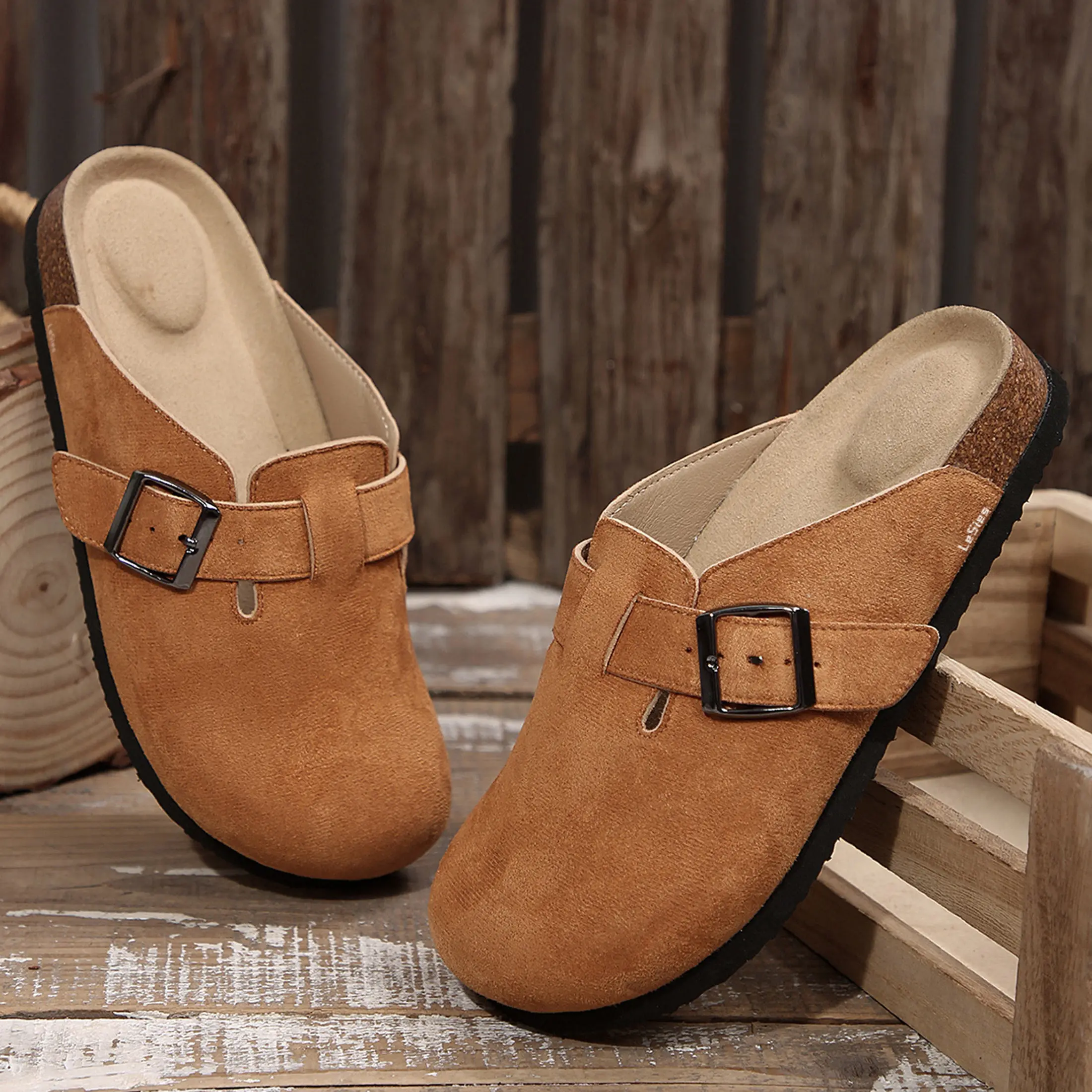 Women's Casual Half Head Slippers Comfortable Flat Mule Slippers with Adjustable Buckle for All Seasons