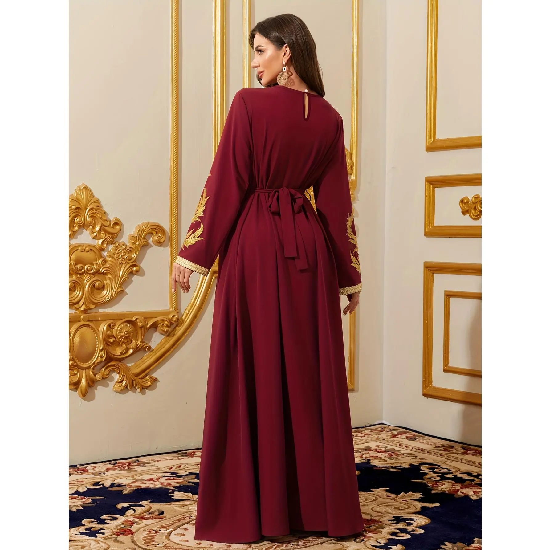 Women's Middle Eastern Arabic V-Neck Abaya Dress with Golden Embroidery &  Waist Belt - Burgundy Long