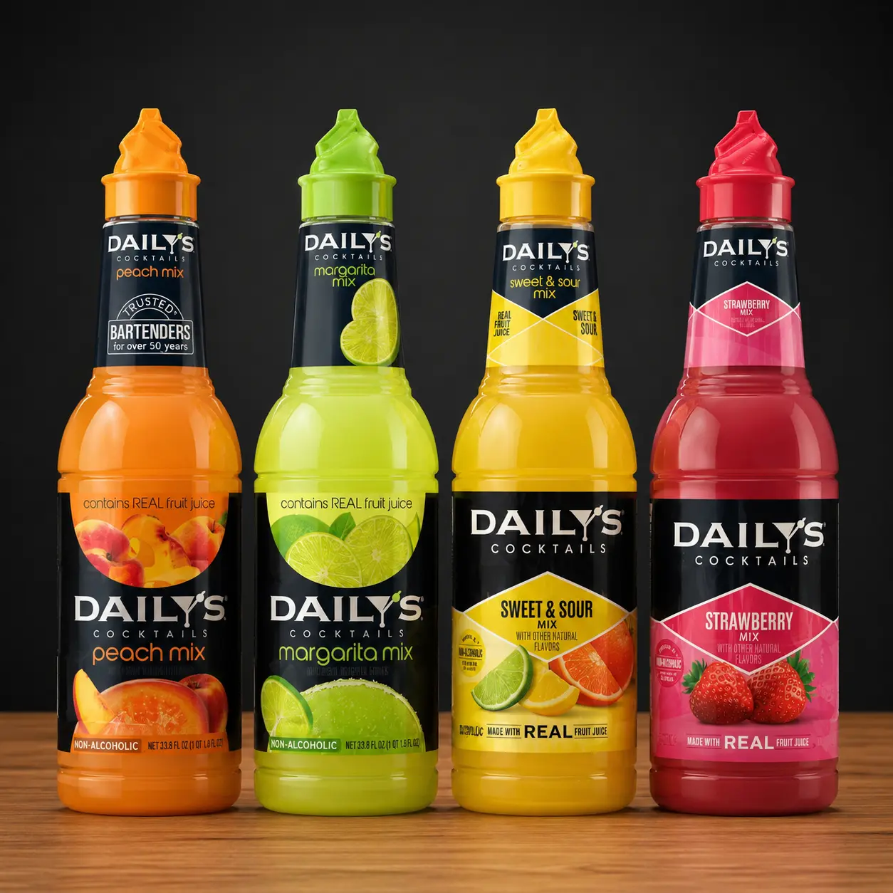 Daily’s Sweet Sour Beverage Syrup & Concentrate 4-Pack - Strawberry, Peach, Lemon Flavors for Drinks