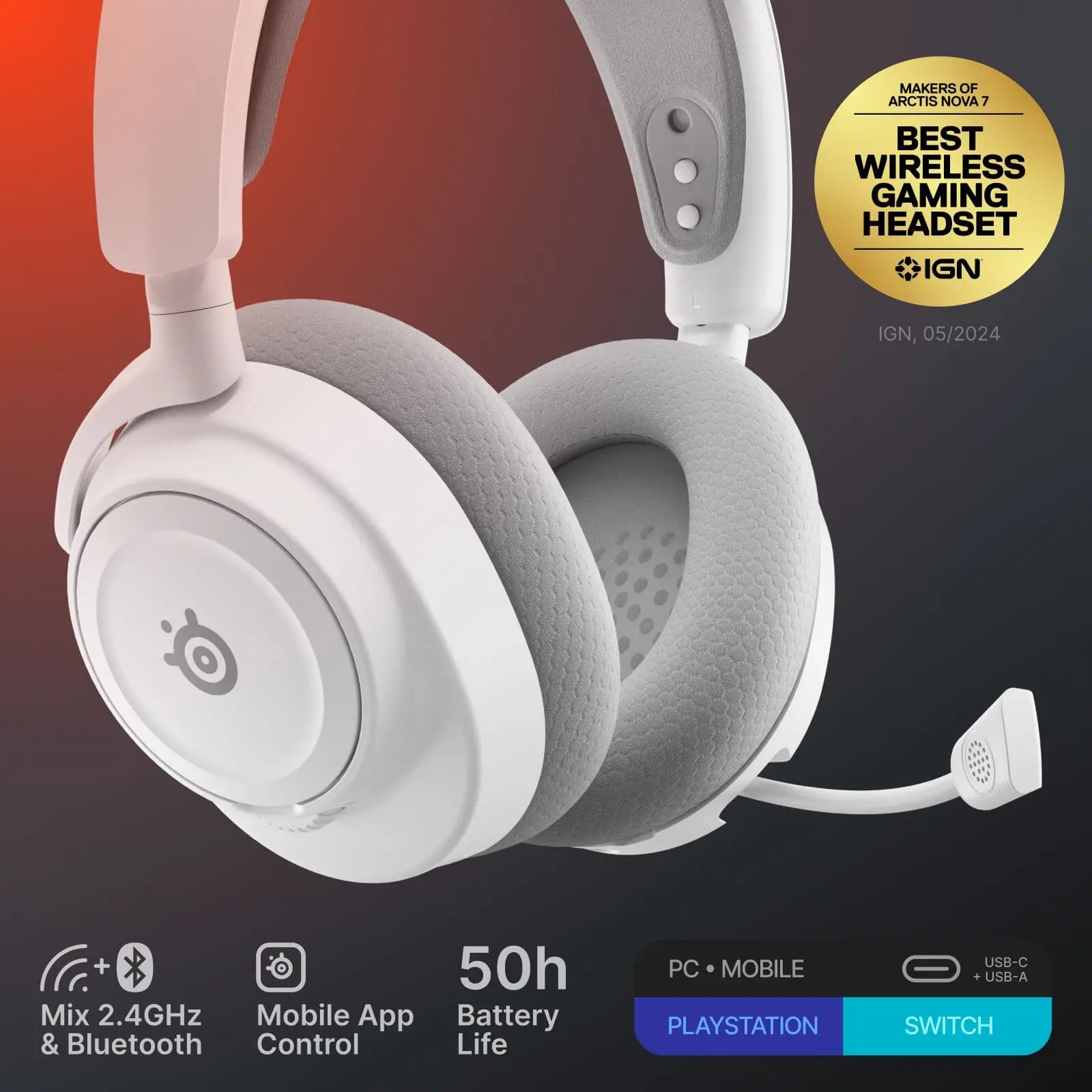 SteelSeries - Arctis Nova 7 Gen 2 Wireless Over-The-Ear Multi Gaming Headset with 2.4GHzBluetooth for PC, PS5, Switch, and Switch 2 - White