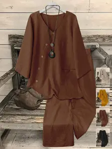 Versatile Linen Blend Long Pants Set, Womenswear Three-Quarter Sleeve Top + Wide Leg Pants, Ideal for Vacation, Breakfast, Daily Wear, Office, Shopping, Summer