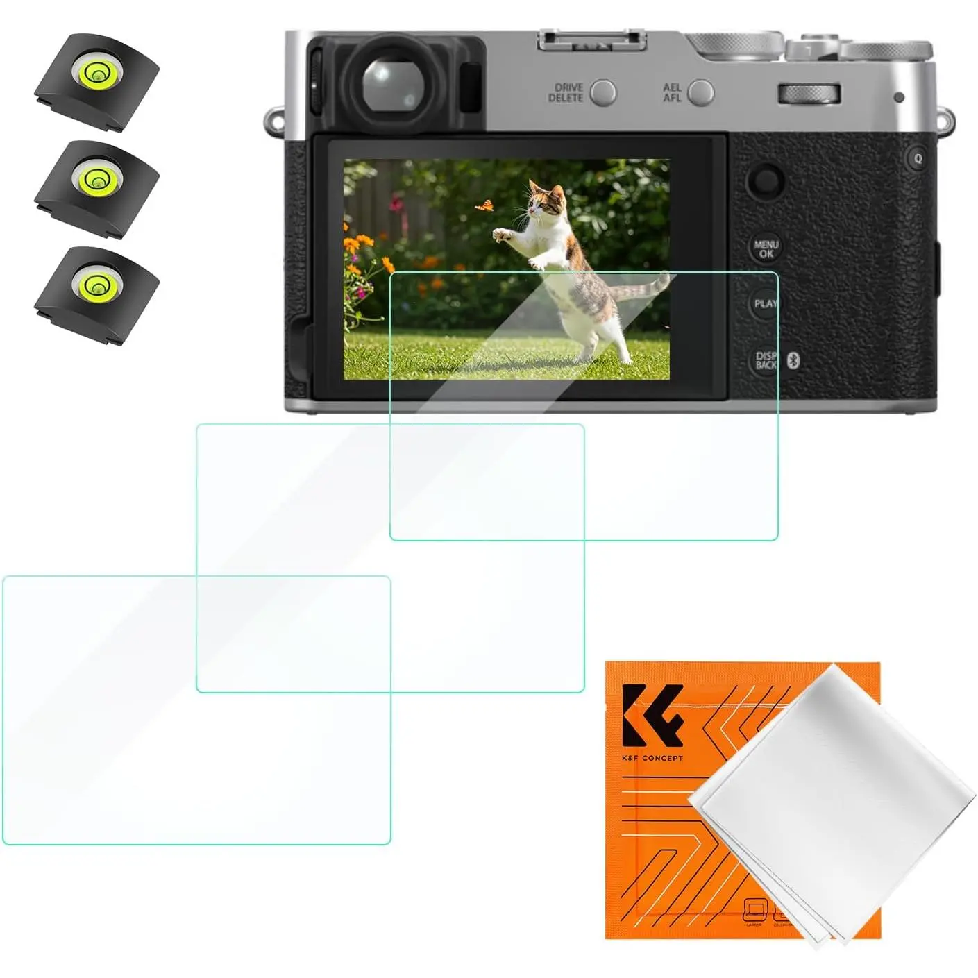 K&F CONCEPT 3 Pack Camera Screen Protector Compatible with Fujifilm X100VI X-E4 X100V, 0.3mm 9H Hardness Tempered Glass Cover Anti-Scratch Bubble-Free & Hot Shoe Cover