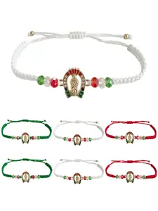 San Benito Religious Rosary Bracelet, Virgin Mary and Saint Jude White&Green&Red Design, Handmade Mexican Thread Bracelet, Catholic Prayer Beads with Religious Charm