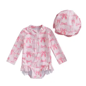 Girls Rash Guard Swimsuit Romper Long Sleeve O Neck Bow Print Bathing Suit Beach Swim Romper with Hat