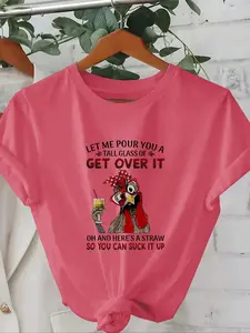 Plus Size Cartoon Chicken & Letter Print Round Neck Tee, Casual Short Sleeve Crew Neck T-shirt, Women's Plus Clothing for Daily Wear, Womenswear, Lady