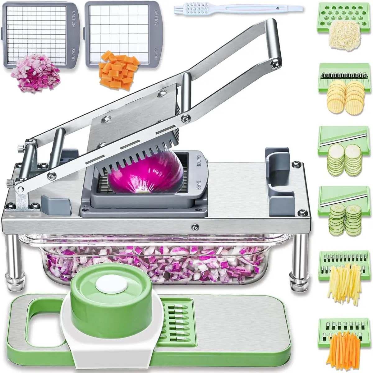 Thick, Smooth Stainless Steel Kitchen Utensils Set - 3x Pressure Lever All-in-1 Tool with 8-Blade Onion Cutter, Detachable Interchangeable Food Dicer, Mandoline Slicer, Salad Grater & Container