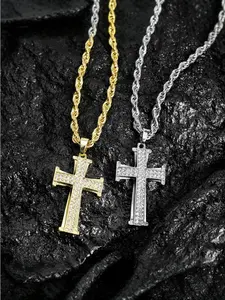 Hip-Hop Necklace: Vintage-Style Gold Cross Pendant Fully Embellished with Diamonds.Showcase Your Individuality. Jewel Necklace