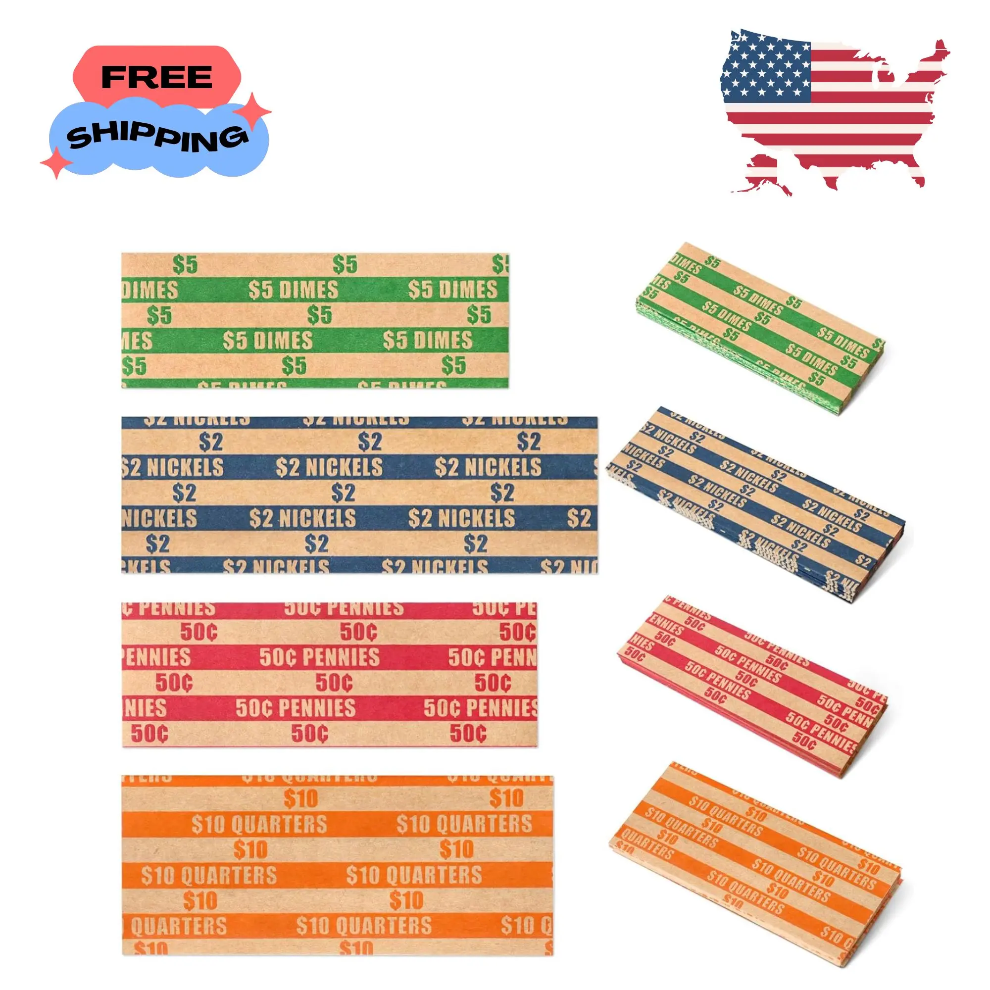 100 pcs Assorted Packed Flat Stripped Coin Wrappers