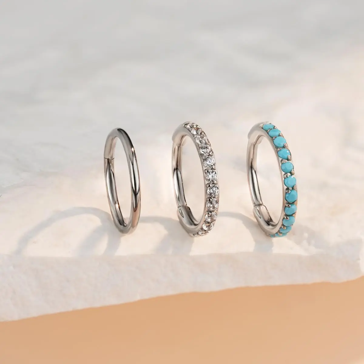 OUFER Women's 3-Piece Nose Hoop Rings Value Pack, 20G Hinged Stainless Steel Clickers with Turquoise & Gems, Non-Tarnish Body Jewelry, 6mm-8mm, Bodyjewelry, Valuepack, Stainlesssteel, Nosehoops, Nose Piercing, Non Tarnish Jewelry, Turquoise Jewelry