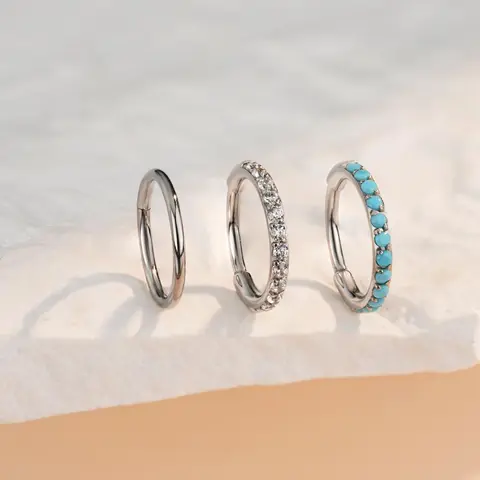 OUFER Women's 3pcs Stainless Steel Nose Hoops Value Pack, 20G 316L Hinged Rings with Vibrant Turquoise Gems, Non-Tarnish Bodyjewelry for Daily Wear, 6mm-8mm Nose Piercing Accessories