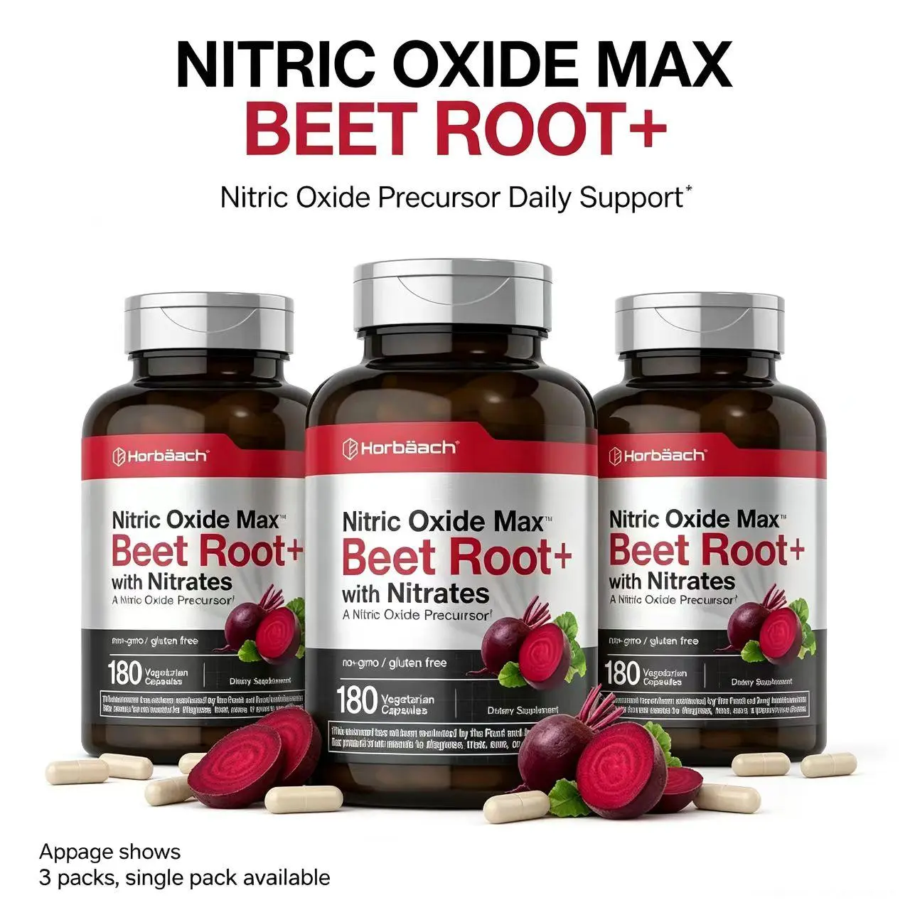 【3 pack】Horbäach Nitric Oxide Beet Root Capsules | 180 Count | with Nitrates and Precursor | for Men and Women | Vegetarian, Non-GMO, Gluten Free Supplement