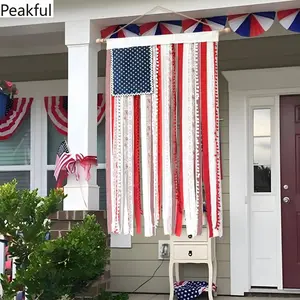 American Flag Burlap Banner, Trending Patriotic Tassel Wall Hanging, Rustic Boho Americana Home Decor, classic vintage texture and festive design, ideal for 4th Of July parties, Memorial Day events and outdoor holiday celebration layouts