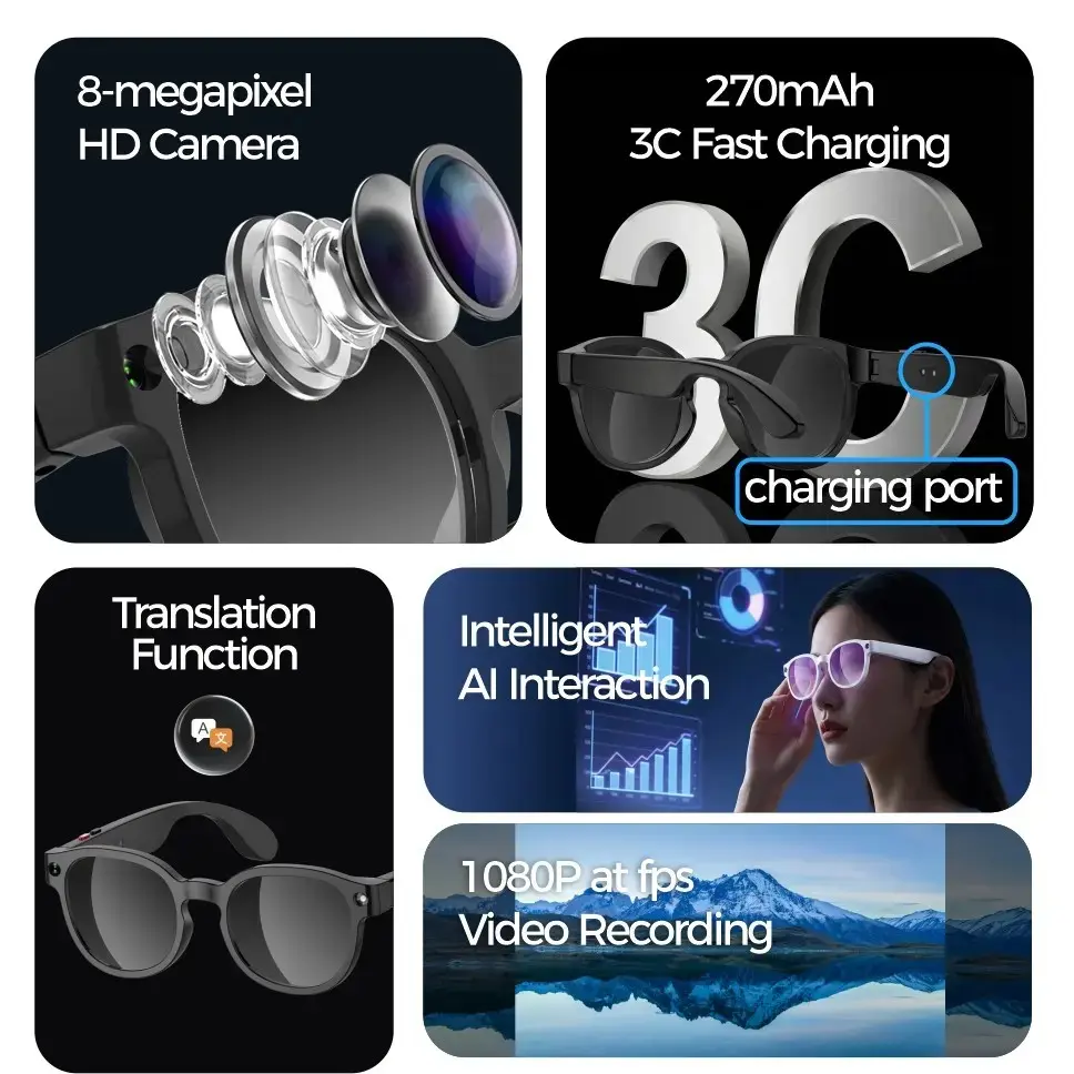 Aimb-S1 Smart Camera Glasses, Ai Interaction Support, HD Anti-Shake Function, Ideal for Business Travel Outdoor Scenes