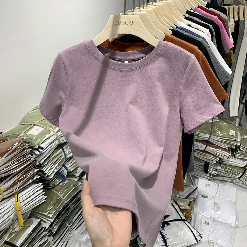 New(New)Women's 2026 New Slim-Fit Solid Color Short-Sleeve Round Neck T-Shirt - High-Elasticity Casual Basic Blouse, Opaque Summer Top for Spring Summer Fall, Machine Washable Casual Attire & Layering Piece