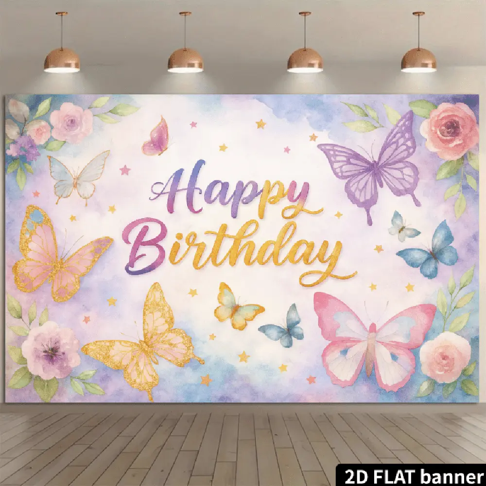 2D Polyester Butterfly Wind Backdrop Banner - Colorful Butterflies, Golden Glitter Birthday Lettering, Soft Flowers Decor for Sweet Party Photo Booth, Reusable Home & Festive Supply