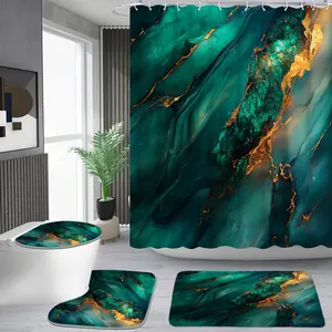 1/4 piece emerald gilt marble pattern shower curtain set, waterproof shower curtain with 12 hooks, non-slip bathroom carpet, toilet U-shaped cushion, toilet seat cover cushion, bathroom shower curtain set, perfect moving gift.